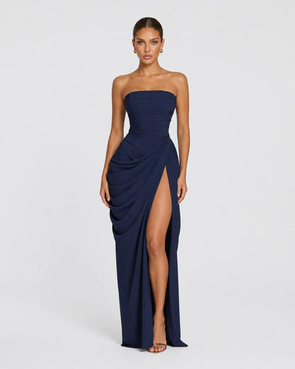 Women’s Elegant Strapless Maxi Wedding Guest Dress with Slit