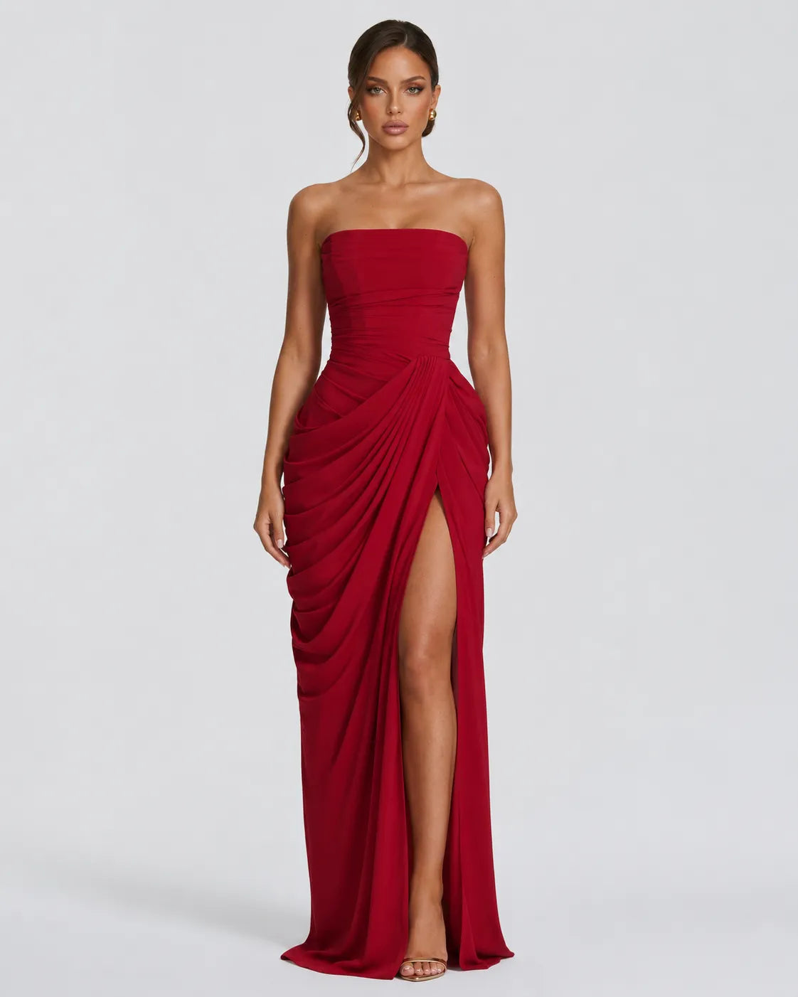 Women’s Elegant Strapless Maxi Wedding Guest Dress with Slit