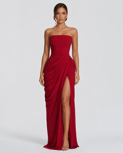 Women’s Elegant Strapless Maxi Wedding Guest Dress with Slit