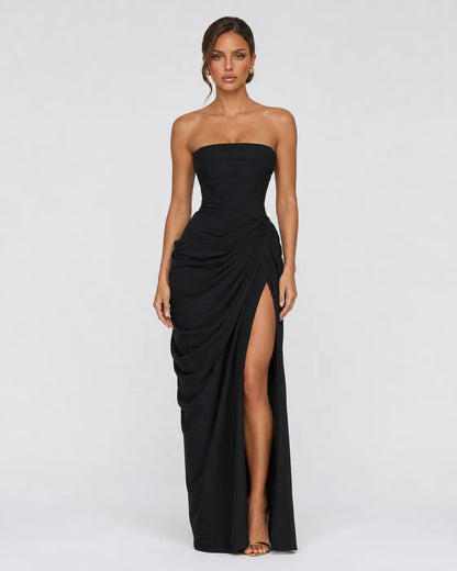 Women’s Elegant Strapless Maxi Wedding Guest Dress with Slit