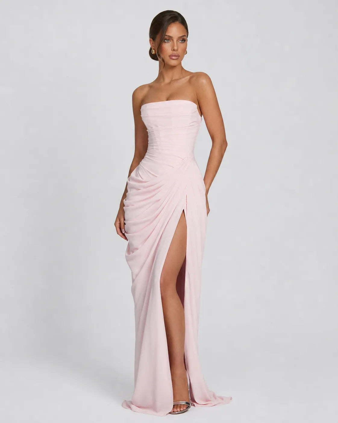 Women’s Elegant Strapless Maxi Wedding Guest Dress with Slit