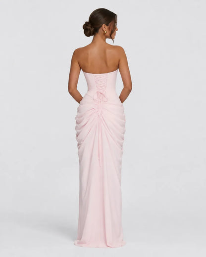 Women’s Elegant Strapless Maxi Wedding Guest Dress with Slit