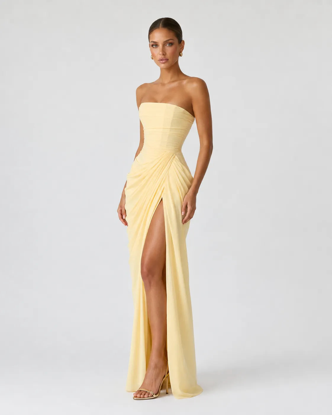 Women’s Elegant Strapless Maxi Wedding Guest Dress with Slit