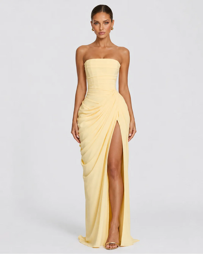Women’s Elegant Strapless Maxi Wedding Guest Dress with Slit