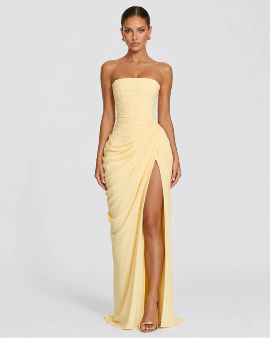 Women’s Elegant Strapless Maxi Wedding Guest Dress with Slit