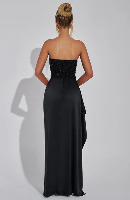 Women's Elegant Strapless Maxi Wedding Guest Dress with Slit