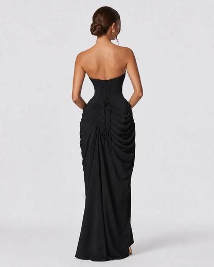 Women’s Elegant Strapless Maxi Wedding Guest Dress with Slit