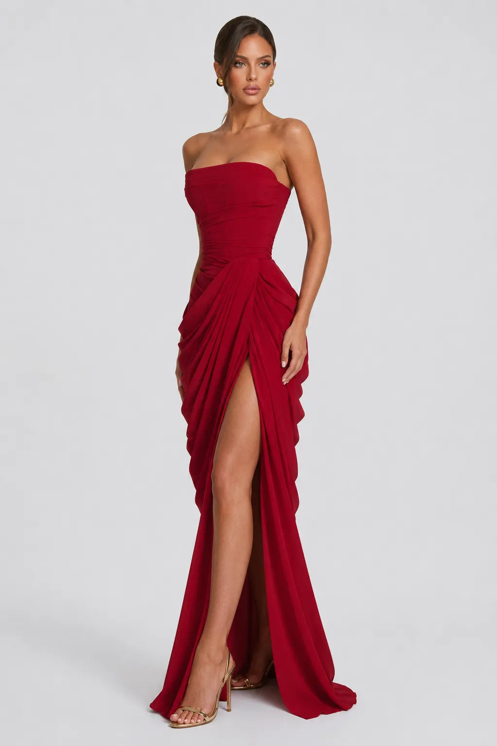 Women’s Elegant Strapless Maxi Wedding Guest Dress with Slit