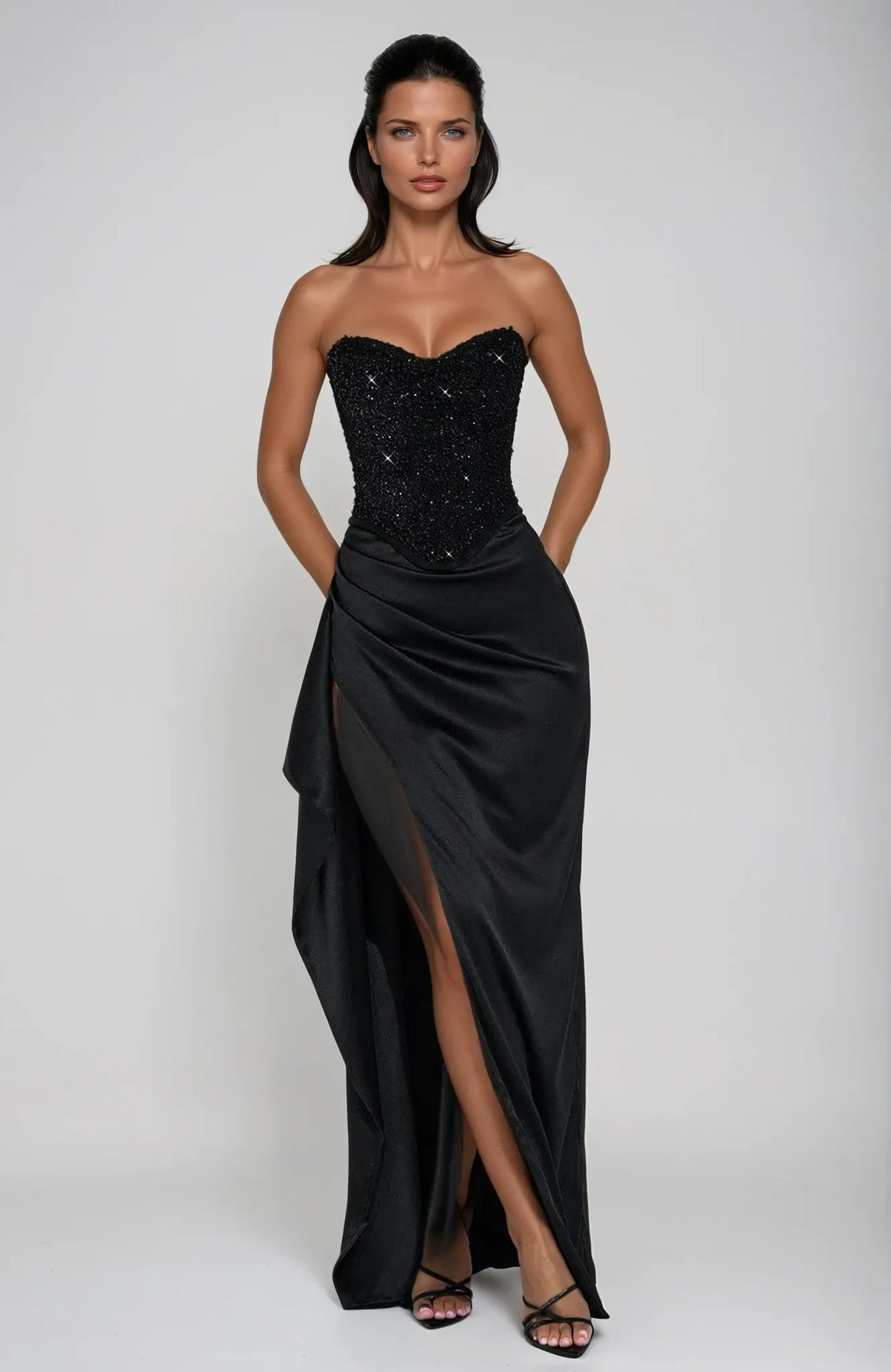 Women's Elegant Strapless Maxi Wedding Guest Dress with Slit