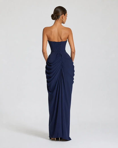 Women’s Elegant Strapless Maxi Wedding Guest Dress with Slit