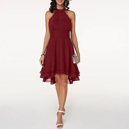 Women’s Elegant Tiered Midi Wedding Guest Dress with Halter Neck