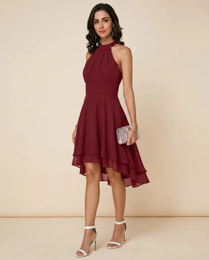 Women’s Elegant Tiered Midi Wedding Guest Dress with Halter Neck