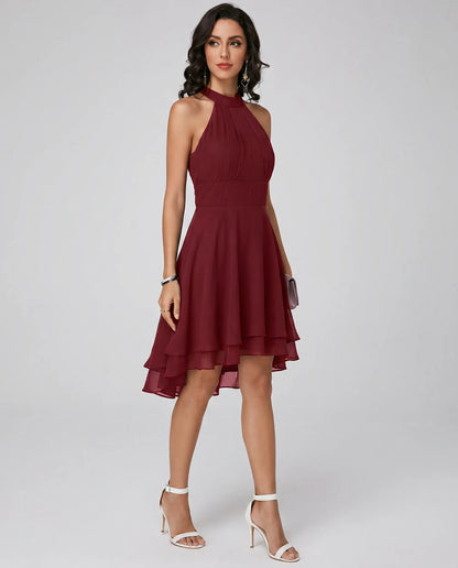 Women’s Elegant Tiered Midi Wedding Guest Dress with Halter Neck