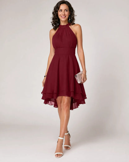 Women’s Elegant Tiered Midi Wedding Guest Dress with Halter Neck