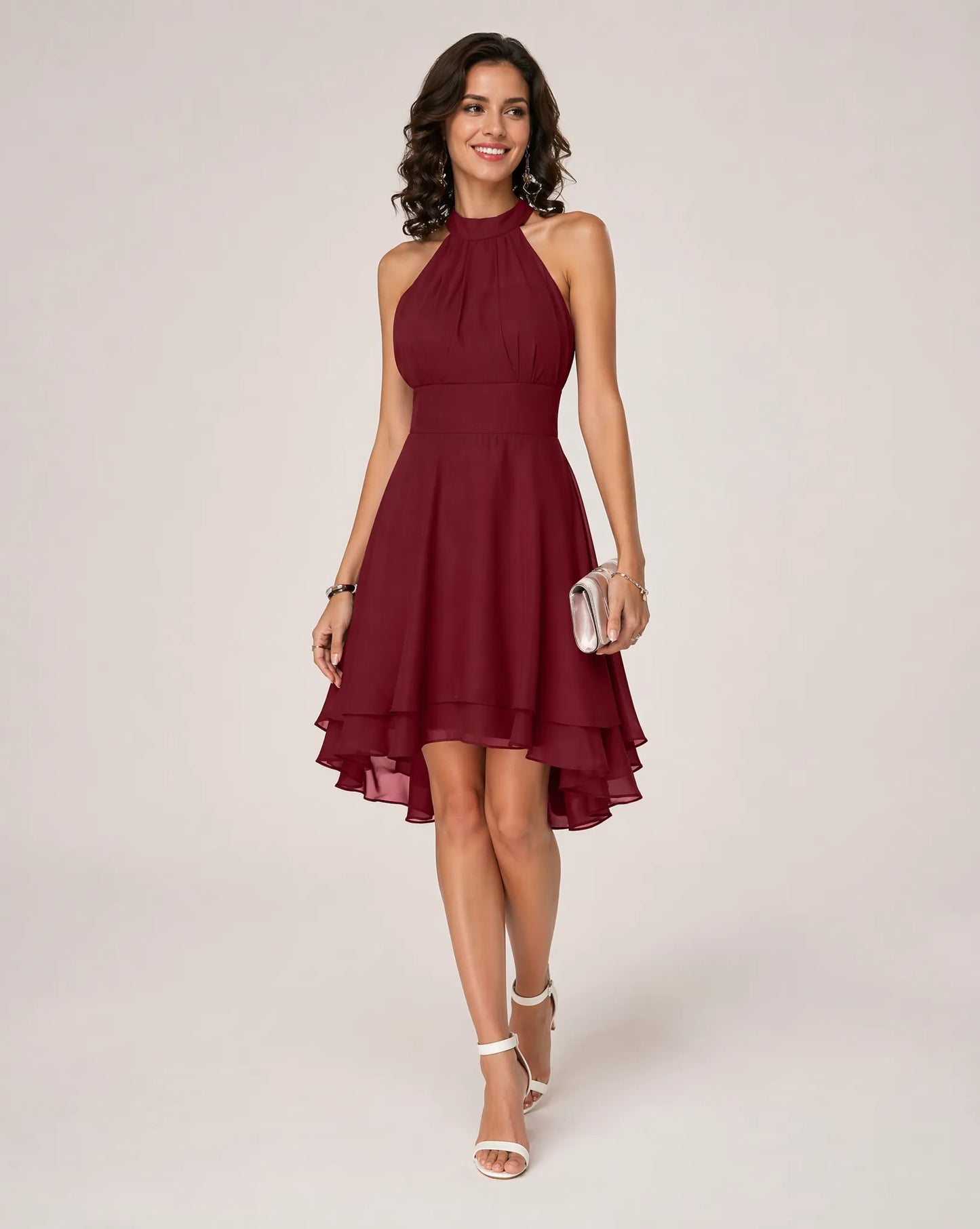 Women’s Elegant Tiered Midi Wedding Guest Dress with Halter Neck