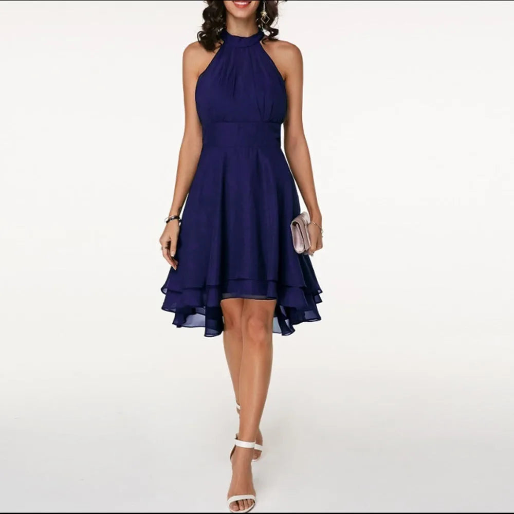 Women’s Elegant Tiered Midi Wedding Guest Dress with Halter Neck
