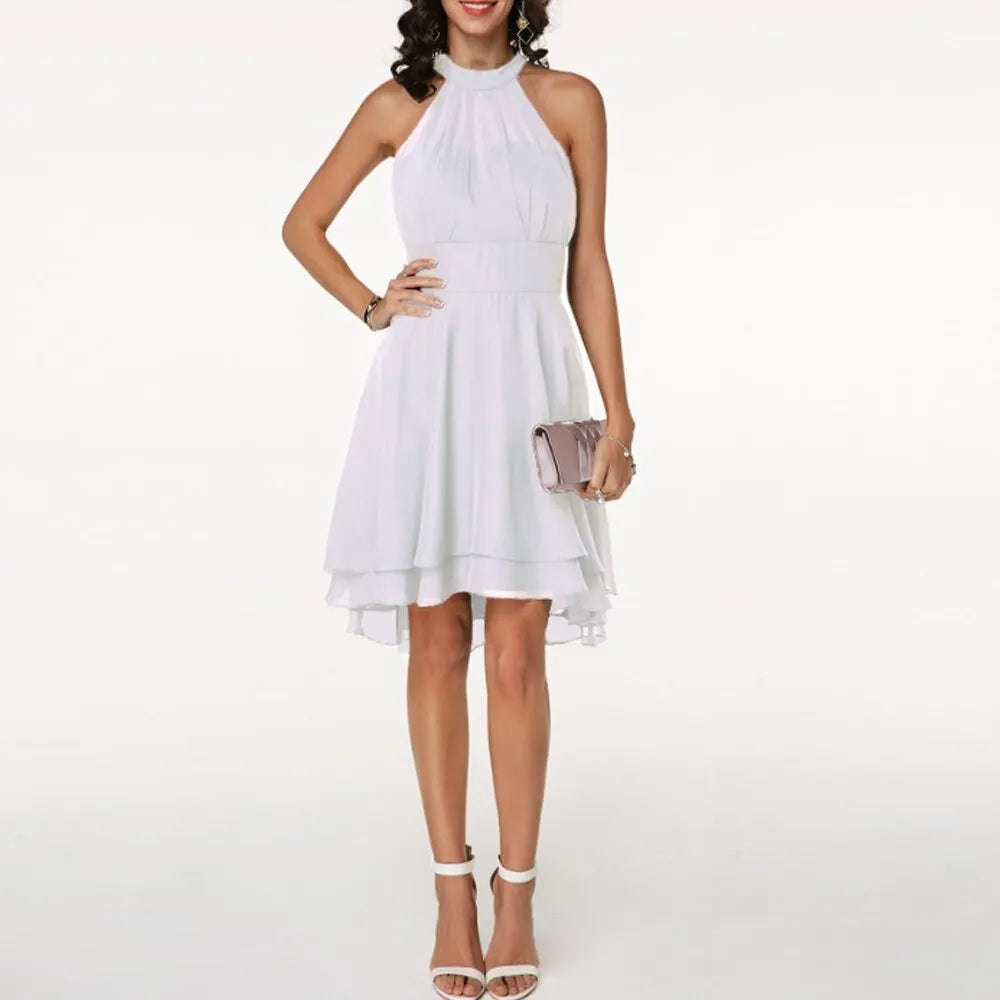 Women’s Elegant Tiered Midi Wedding Guest Dress with Halter Neck