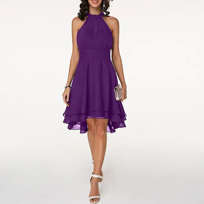 Women’s Elegant Tiered Midi Wedding Guest Dress with Halter Neck