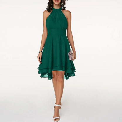 Women’s Elegant Tiered Midi Wedding Guest Dress with Halter Neck
