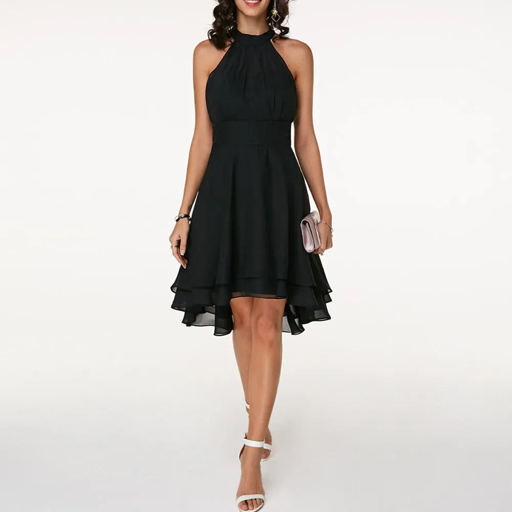 Women’s Elegant Tiered Midi Wedding Guest Dress with Halter Neck