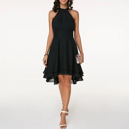 Women’s Elegant Tiered Midi Wedding Guest Dress with Halter Neck