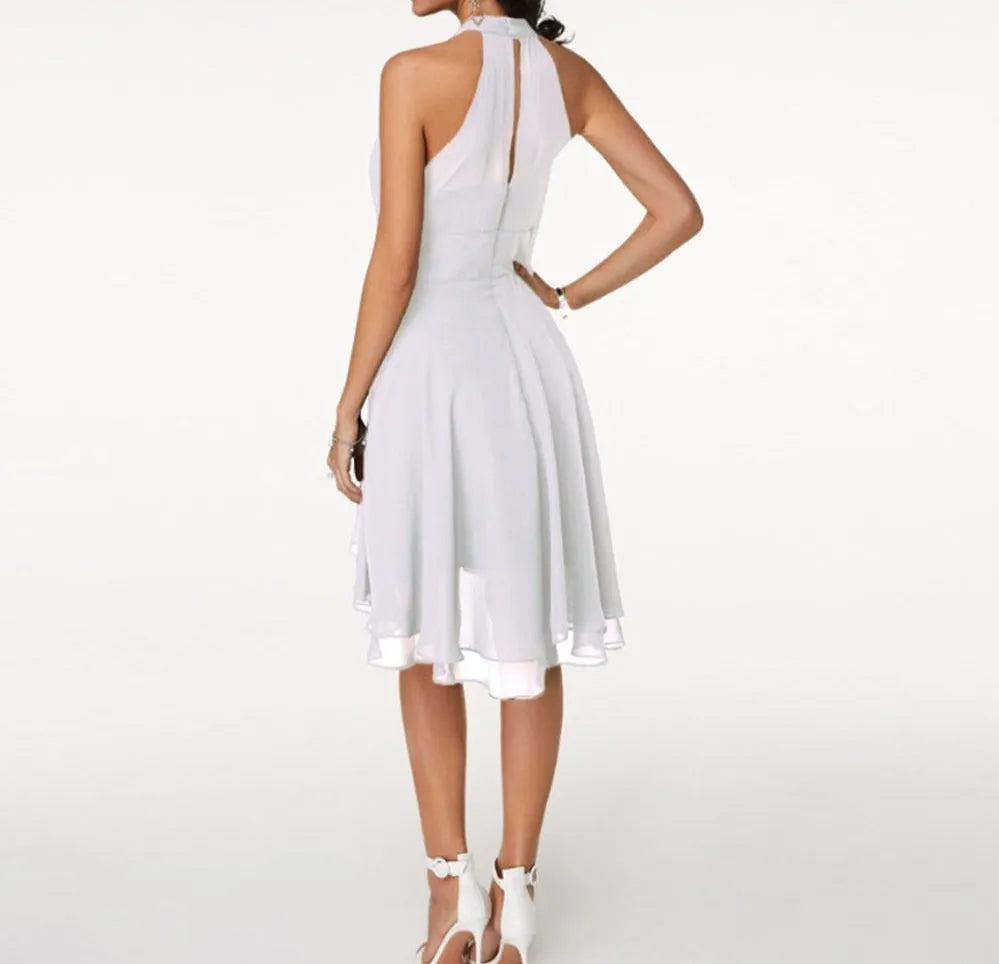 Women’s Elegant Tiered Midi Wedding Guest Dress with Halter Neck