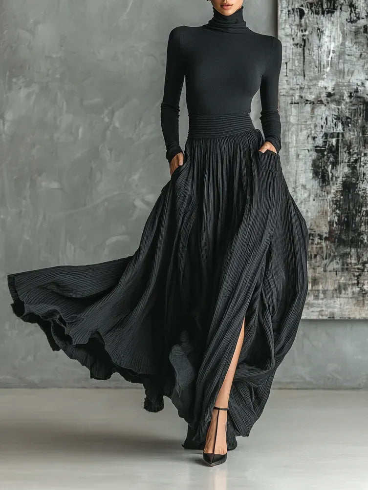Women's Elegant Turtleneck Maxi Wedding Guest Dress with Long Sleeve