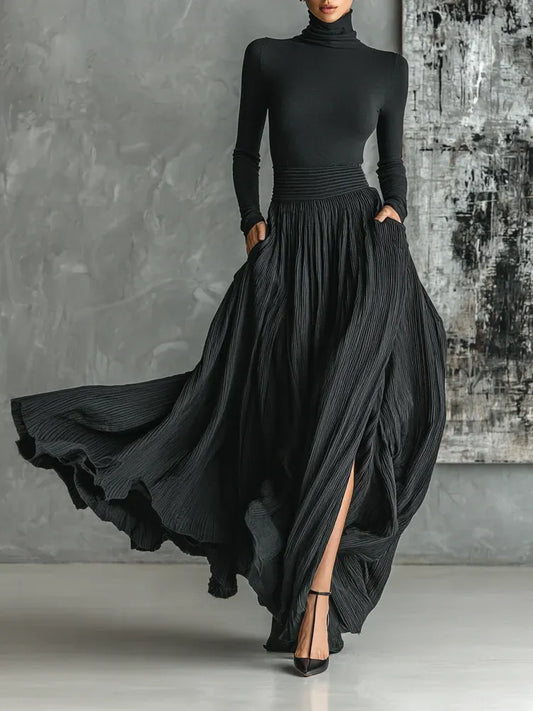 Women's Elegant Turtleneck Maxi Wedding Guest Dress with Long Sleeve
