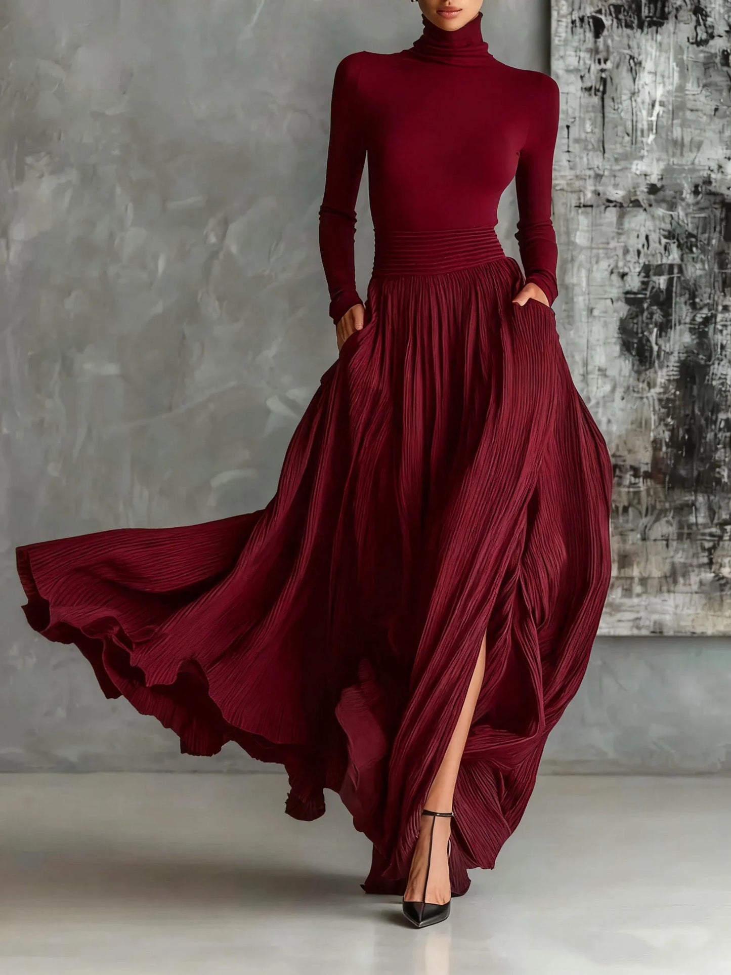 Women's Elegant Turtleneck Maxi Wedding Guest Dress with Long Sleeve