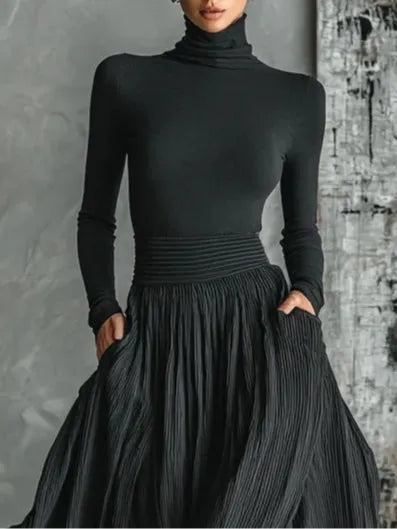 Women's Elegant Turtleneck Maxi Wedding Guest Dress with Long Sleeve