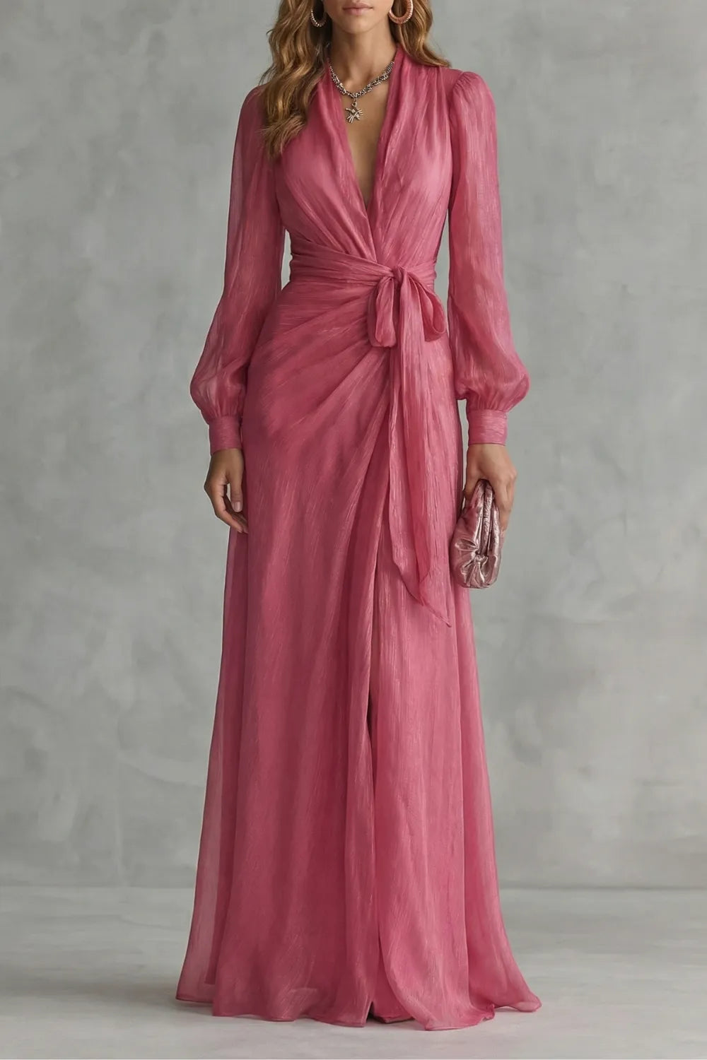 Women's Elegant V-Neck Maxi Wedding Guest Dress with Bow