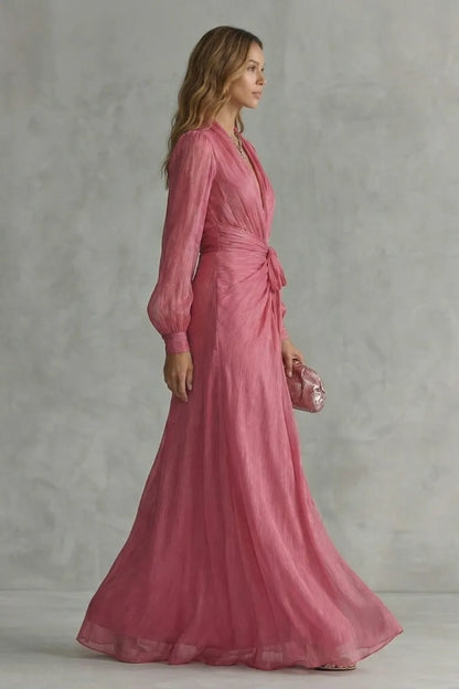 Women's Elegant V-Neck Maxi Wedding Guest Dress with Bow