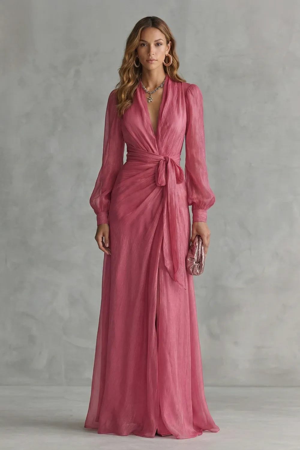 Women's Elegant V-Neck Maxi Wedding Guest Dress with Bow