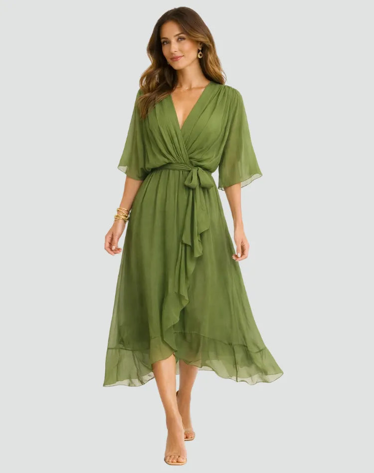 Women’s Elegant V-Neck Midi Wedding Guest Dress with Bow
