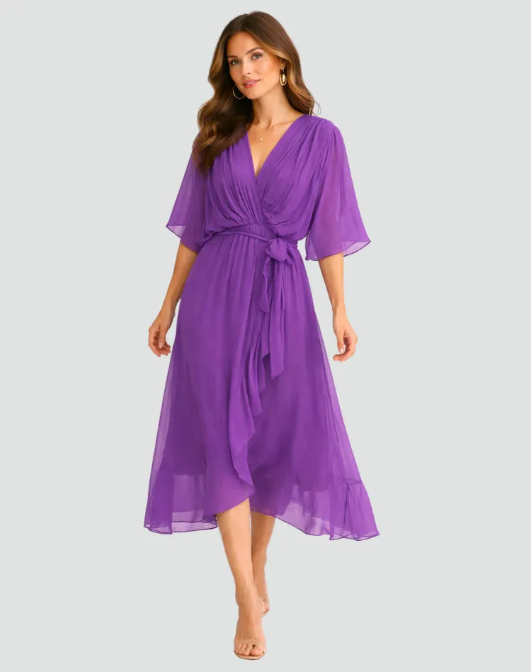 Women’s Elegant V-Neck Midi Wedding Guest Dress with Bow