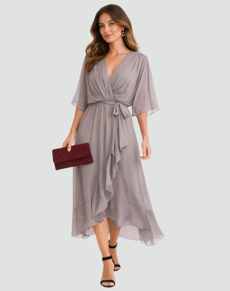 Women’s Elegant V-Neck Midi Wedding Guest Dress with Bow