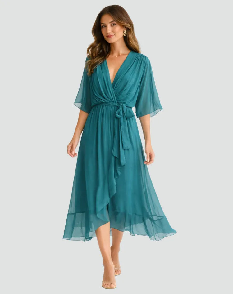 Women’s Elegant V-Neck Midi Wedding Guest Dress with Bow