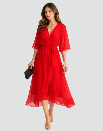 Women’s Elegant V-Neck Midi Wedding Guest Dress with Bow