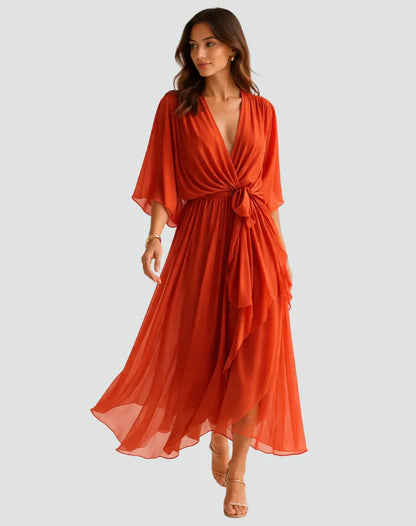 Women’s Elegant V-Neck Midi Wedding Guest Dress with Bow