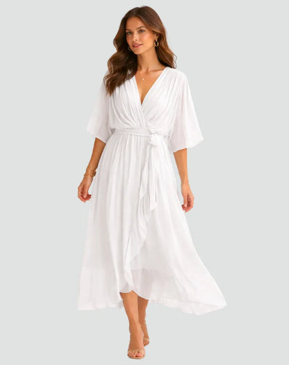 Women’s Elegant V-Neck Midi Wedding Guest Dress with Bow