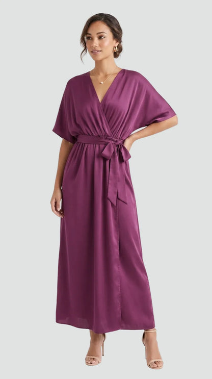 Women’s Elegant V-Neck Midi Wedding Guest Dress with Bow