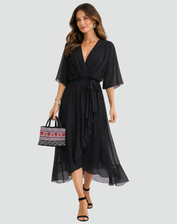 Women’s Elegant V-Neck Midi Wedding Guest Dress with Bow