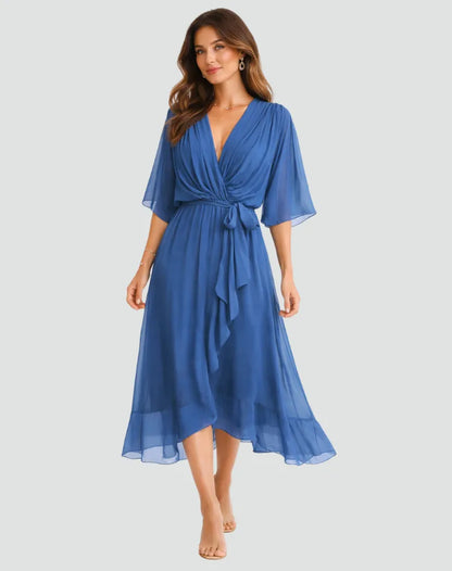 Women’s Elegant V-Neck Midi Wedding Guest Dress with Bow