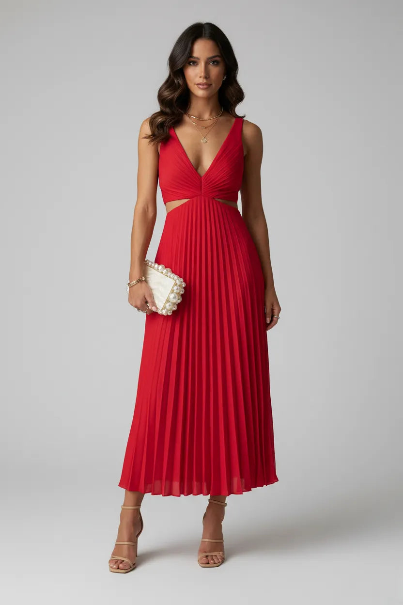 Women's Elegant V-Neck Midi Wedding Guest Dress with Cut Out