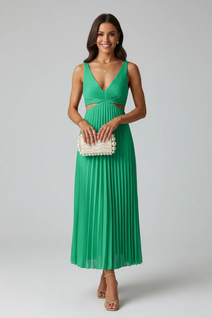 Women's Elegant V-Neck Midi Wedding Guest Dress with Cut Out