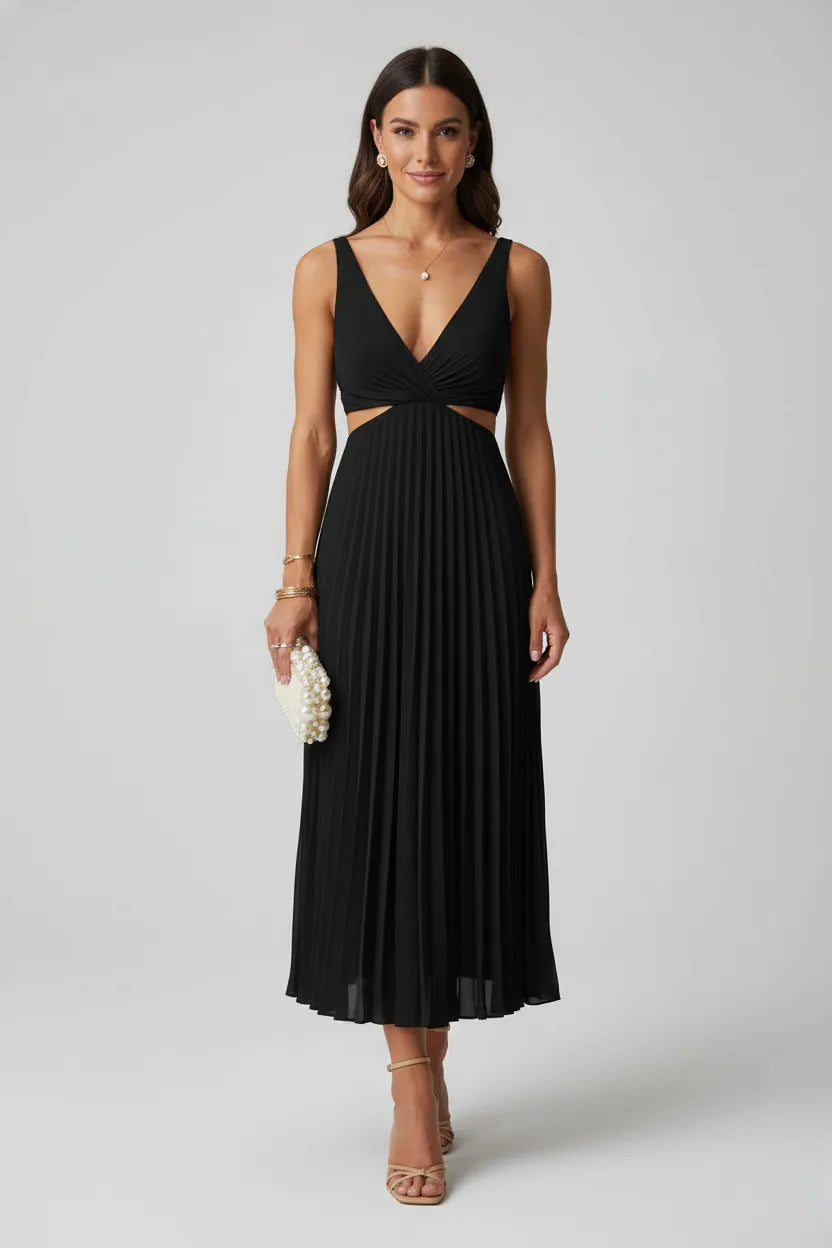 Women's Elegant V-Neck Midi Wedding Guest Dress with Cut Out