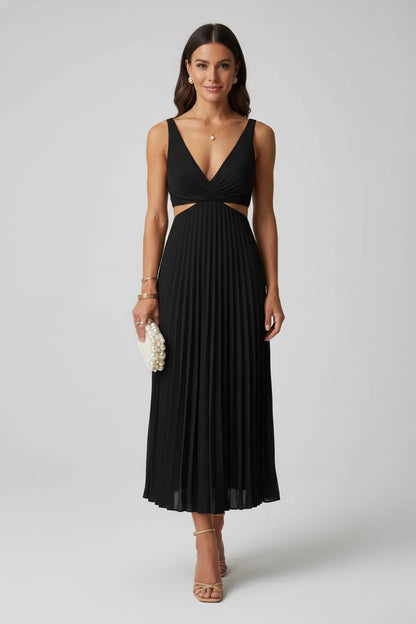 Women's Elegant V-Neck Midi Wedding Guest Dress with Cut Out