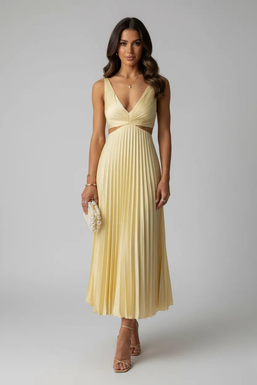 Women's Elegant V-Neck Midi Wedding Guest Dress with Cut Out