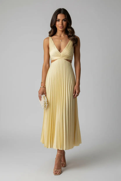 Women's Elegant V-Neck Midi Wedding Guest Dress with Cut Out