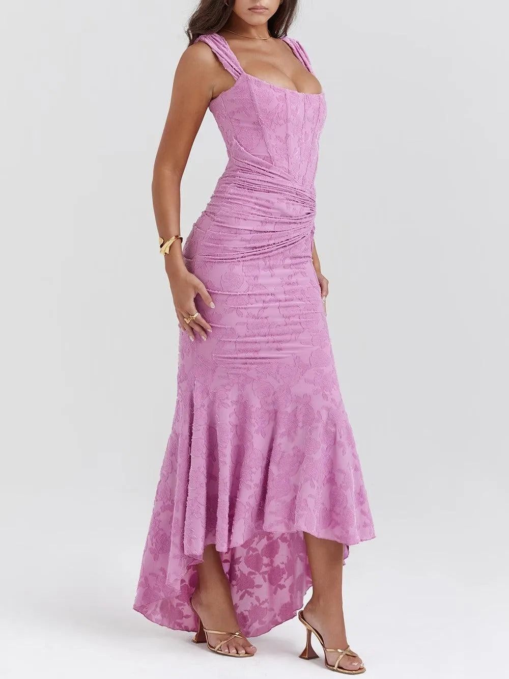 Women’s Elegant Vintage Maxi Wedding Guest Dress with Square Neck